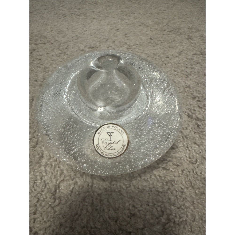 Mouth Blown Crystal Clear Art Glass With Bubbles Paper Weight or Candle Holder